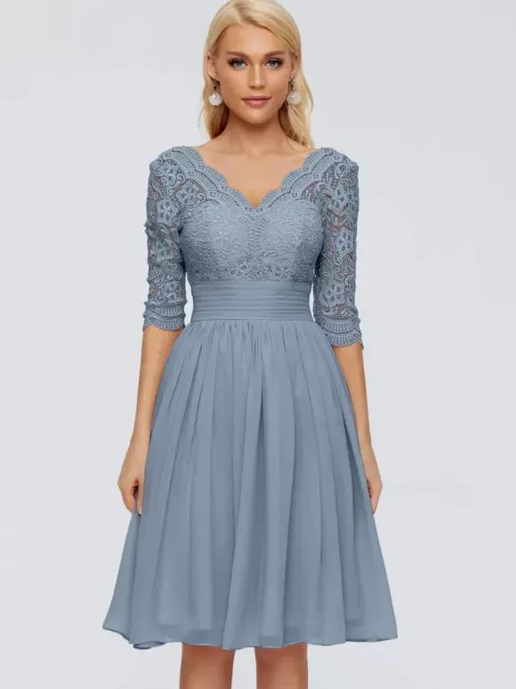 Party Dress For Mother Of The Bride V-Neck Half Sleeves Short Lace Knee-Length Wedding Guest Dresses