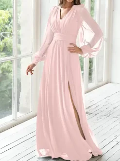 Party Dress For Mother Of The Bride V-Neck Long Sleeves A-Line Pleated Guest Dresses For Wedding