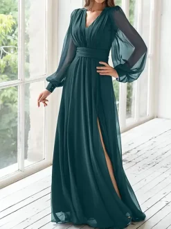 Party Dress For Mother Of The Bride V-Neck Long Sleeves A-Line Pleated Guest Dresses For Wedding