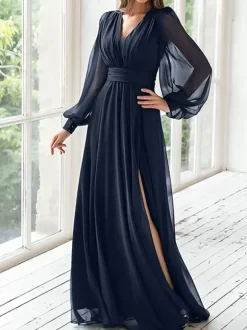 Party Dress For Mother Of The Bride V-Neck Long Sleeves A-Line Pleated Guest Dresses For Wedding