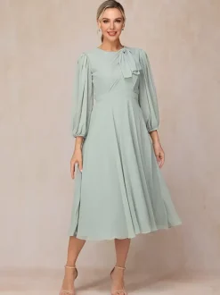 Party Dress For Mother Of The Bride Jewel Neck 3/4 Length Sleeves A-Line Bows Guest Dresses For Wedding