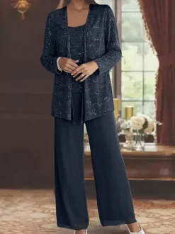 Party Dress For Mother Of The Bride Jewel Neck Long Sleeves Two-piece Sequins Ankle-Length Guest Dresses For Wedding