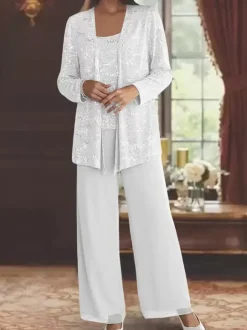 Party Dress For Mother Of The Bride Jewel Neck Long Sleeves Two-piece Sequins Ankle-Length Guest Dresses For Wedding