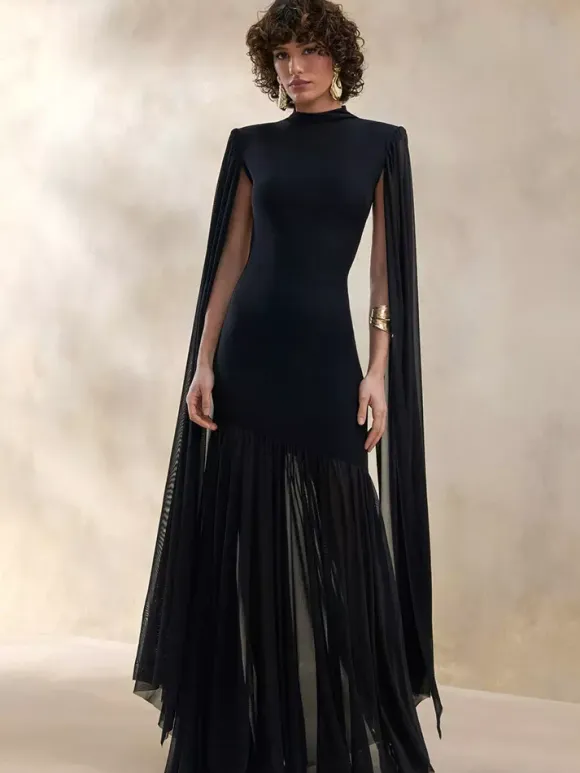 Party Dress Maxi Black Jewel Neck Sleeveless Chic Semi Formal Dress