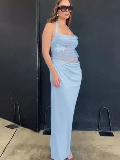 Party Dress Maxi Blue Flowers Sleeveless Flower Sexy Semi Formal Summer Dress