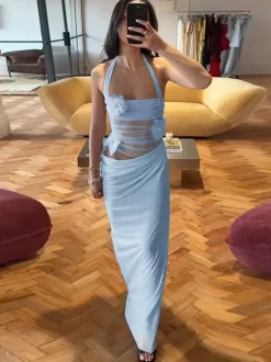Party Dress Maxi Blue Flowers Sleeveless Flower Sexy Semi Formal Summer Dress
