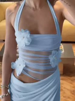 Party Dress Maxi Blue Flowers Sleeveless Flower Sexy Semi Formal Summer Dress