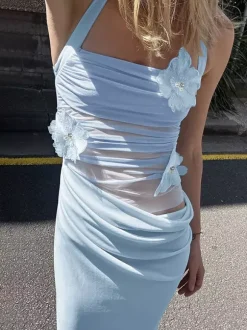 Party Dress Maxi Blue Flowers Sleeveless Flower Sexy Semi Formal Summer Dress