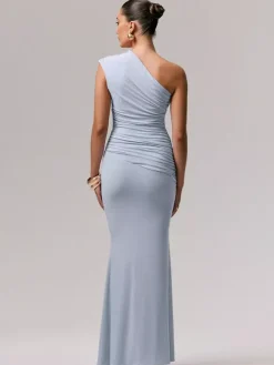 Party Dress Maxi Blue One-Shoulder Sleeveless Sexy Semi Formal Dress
