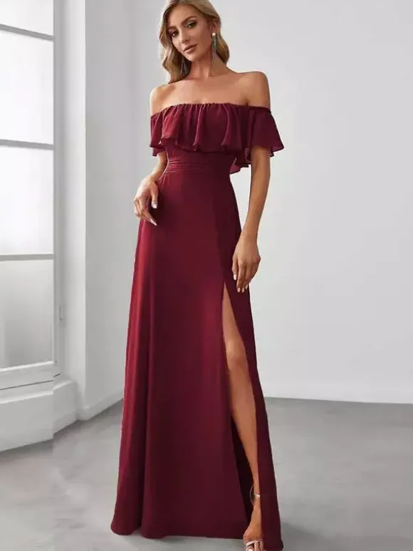 Party Dress Maxi Burgundy Off-The-Shoulder Sleeveless Shaping Elegant Semi Formal Dress