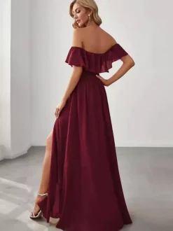 Party Dress Maxi Burgundy Off-The-Shoulder Sleeveless Shaping Elegant Semi Formal Dress