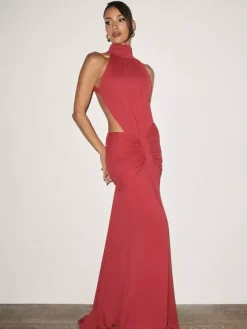 Party Dress Maxi Coffee Brown Halter Pleated Sleeveless Backless Chic Semi Formal Dress