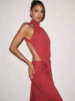 Party Dress Maxi Coffee Brown Halter Pleated Sleeveless Backless Chic Semi Formal Dress