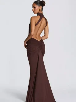 Party Dress Maxi Coffee Brown Halter Pleated Sleeveless Backless Chic Semi Formal Dress