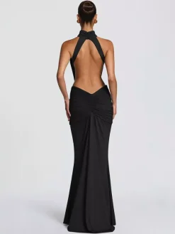 Party Dress Maxi Coffee Brown Halter Pleated Sleeveless Backless Chic Semi Formal Dress