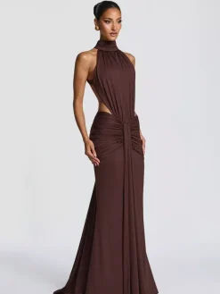 Party Dress Maxi Coffee Brown Halter Pleated Sleeveless Backless Chic Semi Formal Dress