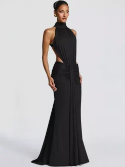 Party Dress Maxi Coffee Brown Halter Pleated Sleeveless Backless Chic Semi Formal Dress