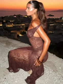 Party Dress Maxi Coffee Brown Off-The-Shoulder Lace Sexy Semi Formal Dress