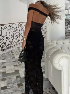 Party Dress Maxi Coffee Brown Off-The-Shoulder Lace Sexy Semi Formal Dress