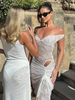 Party Dress Maxi Coffee Brown Off-The-Shoulder Lace Sexy Semi Formal Dress