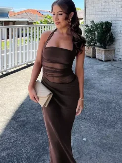 Party Dress Maxi Coffee Brown Halter Pleated Sleeveless Backless Sweet Semi Formal Dress