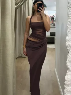 Party Dress Maxi Coffee Brown Halter Pleated Sleeveless Backless Sweet Semi Formal Dress