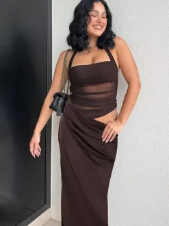 Party Dress Maxi Coffee Brown Halter Pleated Sleeveless Backless Sweet Semi Formal Dress