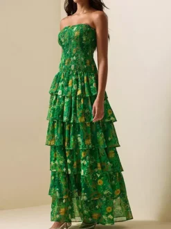 Party Dress Maxi Green Strapless Tiered Sleeveless Casual Semi Formal Dress