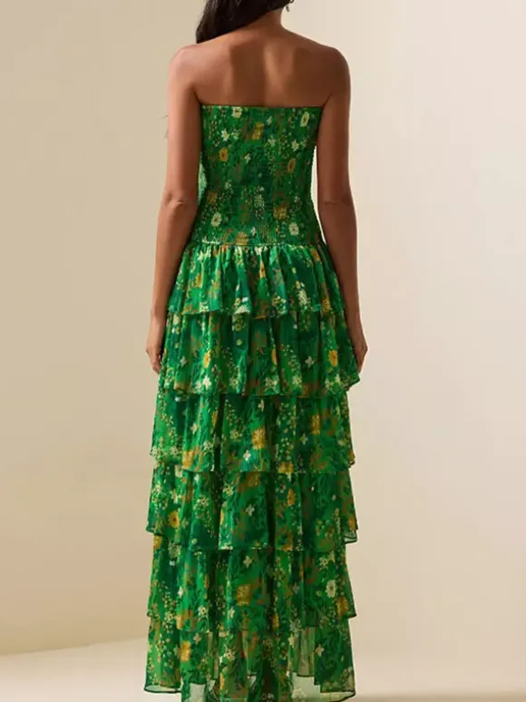 Party Dress Maxi Green Strapless Tiered Sleeveless Casual Semi Formal Dress