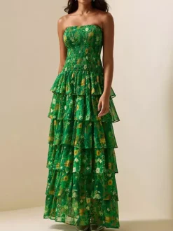 Party Dress Maxi Green Strapless Tiered Sleeveless Casual Semi Formal Dress