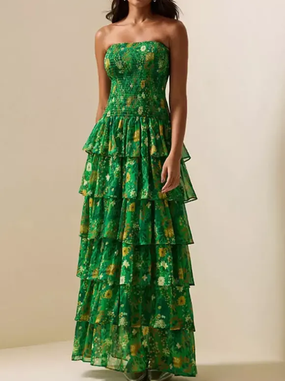 Party Dress Maxi Green Strapless Tiered Sleeveless Casual Semi Formal Dress