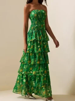 Party Dress Maxi Green Strapless Tiered Sleeveless Casual Semi Formal Dress