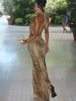 Party Dress Maxi Leopard Halter Pleated Leopard Print Asymmetrical Chic Semi Formal Dress