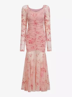 Party Dress Maxi Light Apricot Stand Collar Pleated Long Sleeves Printed Casual Dress