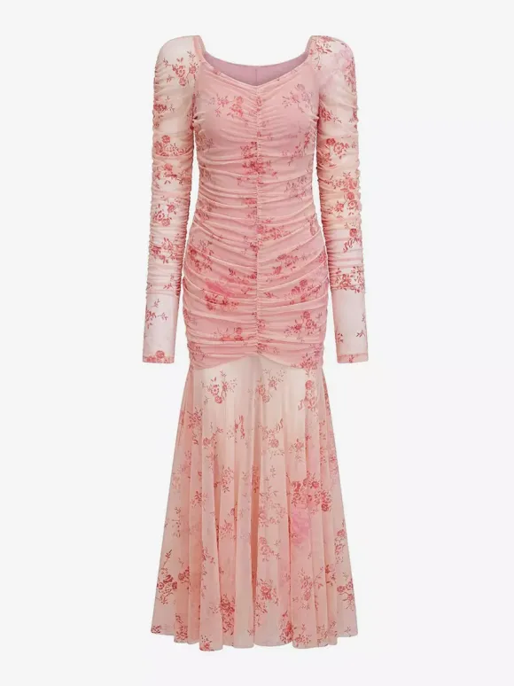 Party Dress Maxi Light Apricot Stand Collar Pleated Long Sleeves Printed Casual Dress