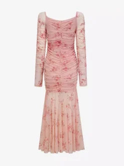 Party Dress Maxi Light Apricot Stand Collar Pleated Long Sleeves Printed Casual Dress