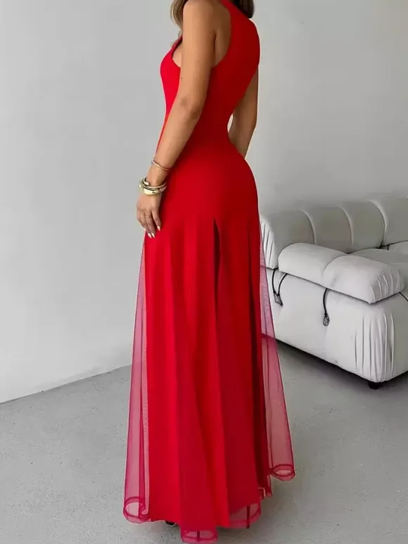 Party Dress Maxi Orange Jewel Neck Pleated Sleeveless Elegant Semi Formal Dress