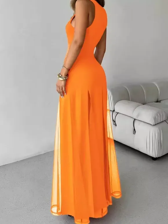 Party Dress Maxi Orange Jewel Neck Pleated Sleeveless Elegant Semi Formal Dress