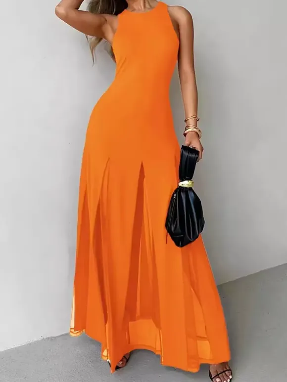 Party Dress Maxi Orange Jewel Neck Pleated Sleeveless Elegant Semi Formal Dress