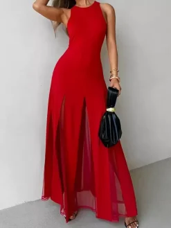 Party Dress Maxi Orange Jewel Neck Pleated Sleeveless Elegant Semi Formal Dress