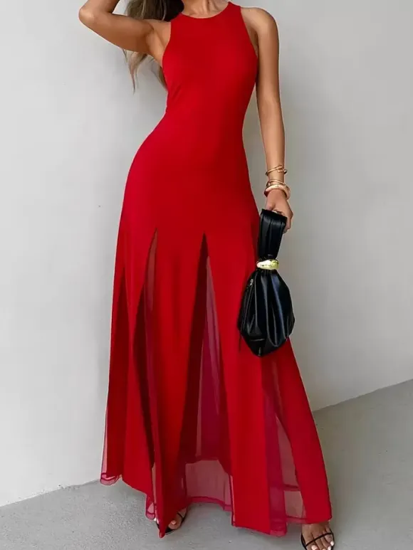 Party Dress Maxi Orange Jewel Neck Pleated Sleeveless Elegant Semi Formal Dress