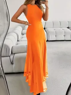 Party Dress Maxi Orange Jewel Neck Pleated Sleeveless Elegant Semi Formal Dress