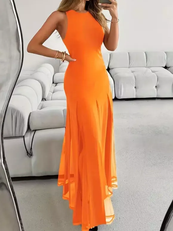 Party Dress Maxi Orange Jewel Neck Pleated Sleeveless Elegant Semi Formal Dress