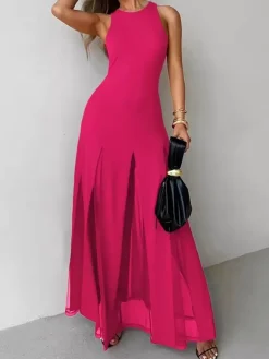 Party Dress Maxi Orange Jewel Neck Pleated Sleeveless Elegant Semi Formal Dress