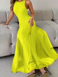 Party Dress Maxi Orange Jewel Neck Pleated Sleeveless Elegant Semi Formal Dress