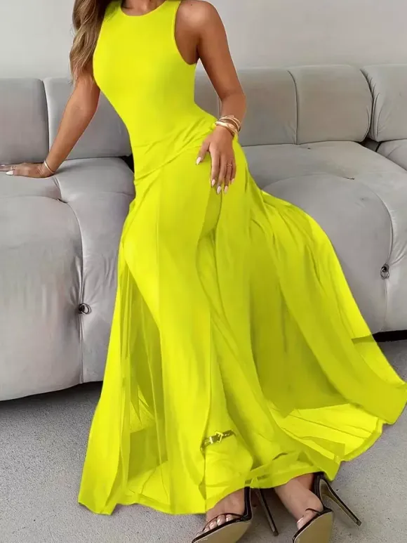 Party Dress Maxi Orange Jewel Neck Pleated Sleeveless Elegant Semi Formal Dress