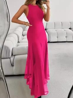 Party Dress Maxi Orange Jewel Neck Pleated Sleeveless Elegant Semi Formal Dress