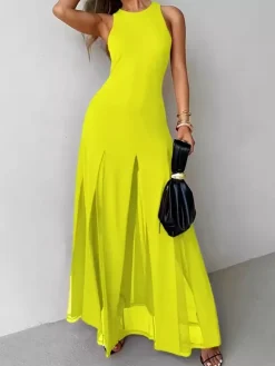 Party Dress Maxi Orange Jewel Neck Pleated Sleeveless Elegant Semi Formal Dress