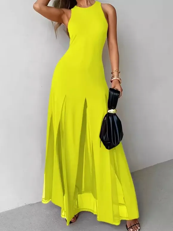 Party Dress Maxi Orange Jewel Neck Pleated Sleeveless Elegant Semi Formal Dress