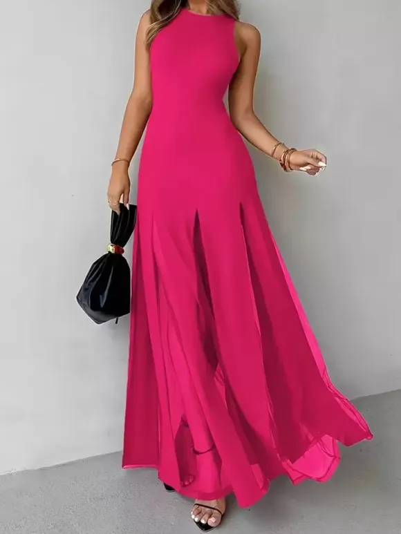 Party Dress Maxi Orange Jewel Neck Pleated Sleeveless Elegant Semi Formal Dress